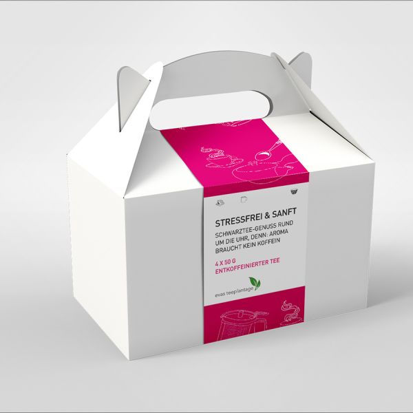 Tee Geschenk-Box Stressfrei & Sanft mit vier verschiedenen entkoffeinierten Tees. Schwarztee-Genuss rund um die Uhr, Denn: Aroma braucht kein Koffein