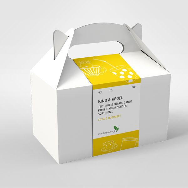 Tee Geschenk-Box Kind & Kegel mit sechs Mal Teegenuss für die ganze Familie, quer durchs Sortiment.