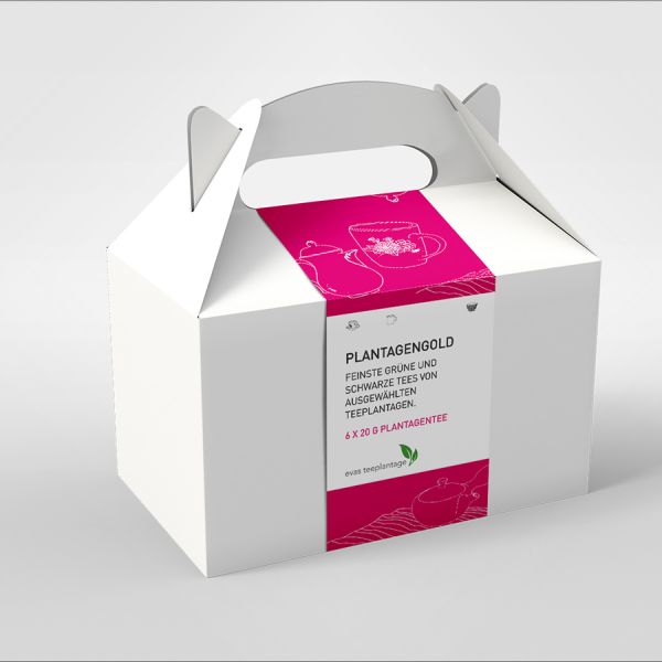 Tee Geschenk-Box Plantagengold mit sechs Mal feinsten grüne und schwarze Tees von ausgewählten Teeplantagen.
